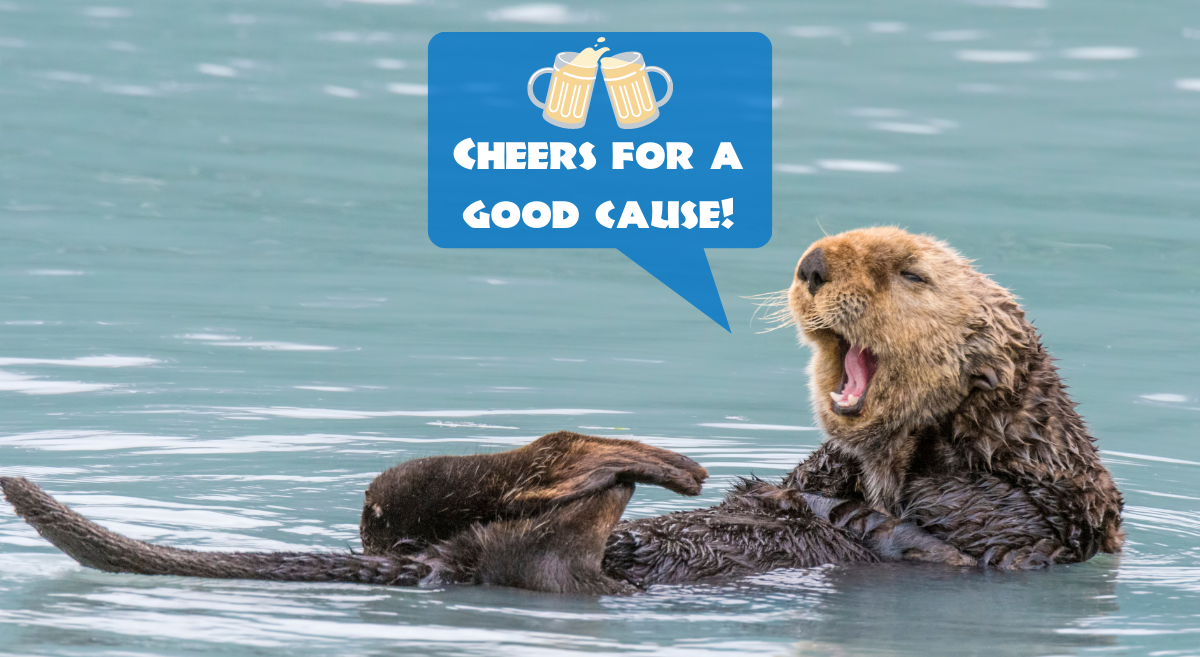 sea otter floating on back saying cheers to a good cause